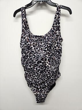 Garnet Hill Women's One-Piece Ruched Overlay Swimsuit, Size18, Multi Leaf Print